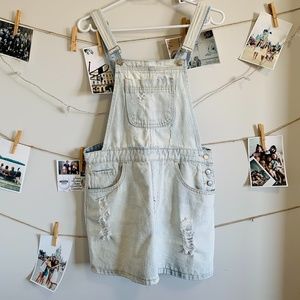 F21 Light-Washed Distressed Denim Overall Dress